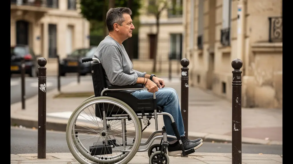 Personne en fauteuil roulant passant entre des potelets correctement espacés