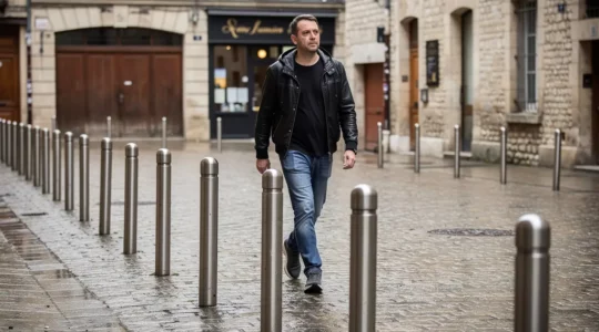 Rangée de potelets inox protégeant un trottoir pavé en centre-ville piétonnier
