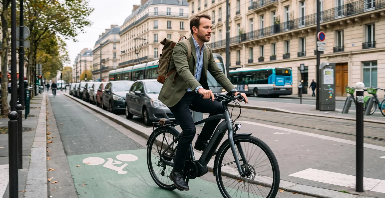 Cycliste utilisant un vélo électrique sur une piste cyclable en milieu urbain français