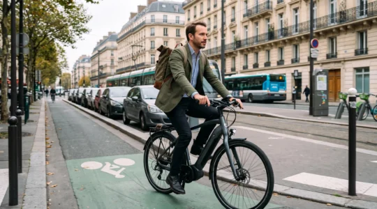 Cycliste utilisant un vélo électrique sur une piste cyclable en milieu urbain français