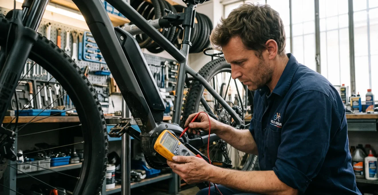 Technicien effectuant une maintenance sur le moteur électrique d'un vélo en atelier