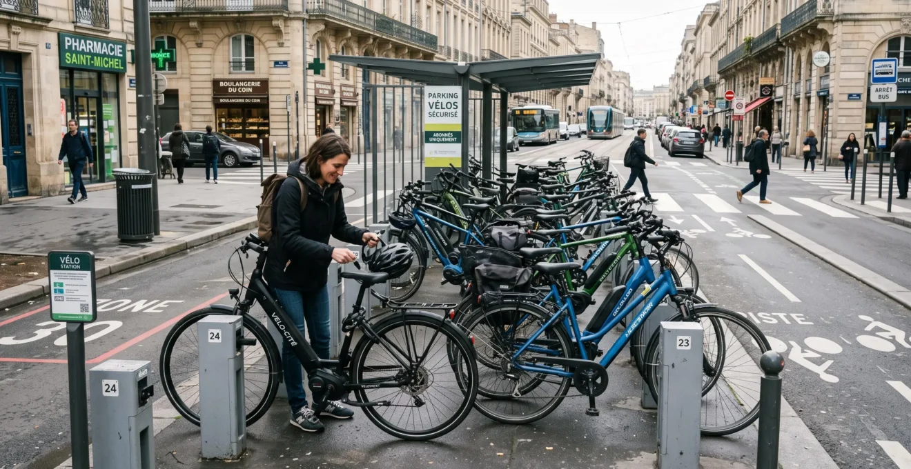 Station de stationnement pour vélos électriques en milieu urbain français avec usager