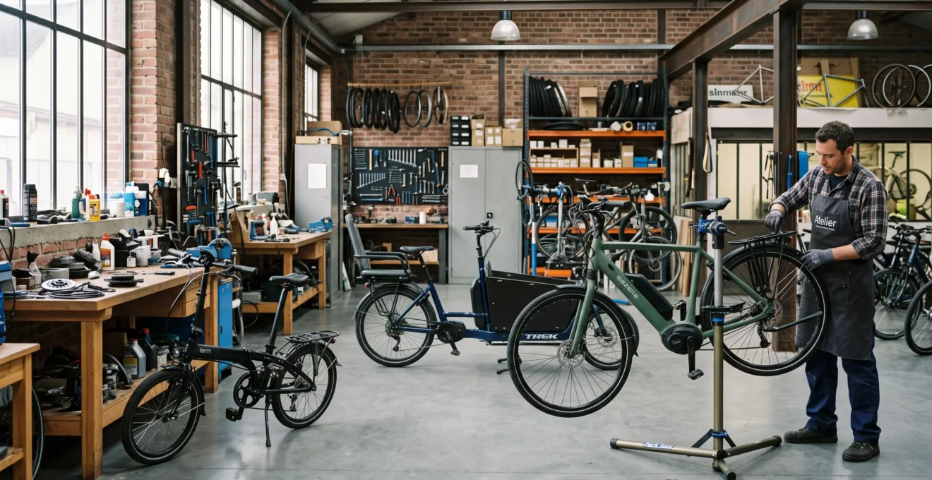 Différents modèles de vélos électriques dans un atelier professionnel avec un technicien